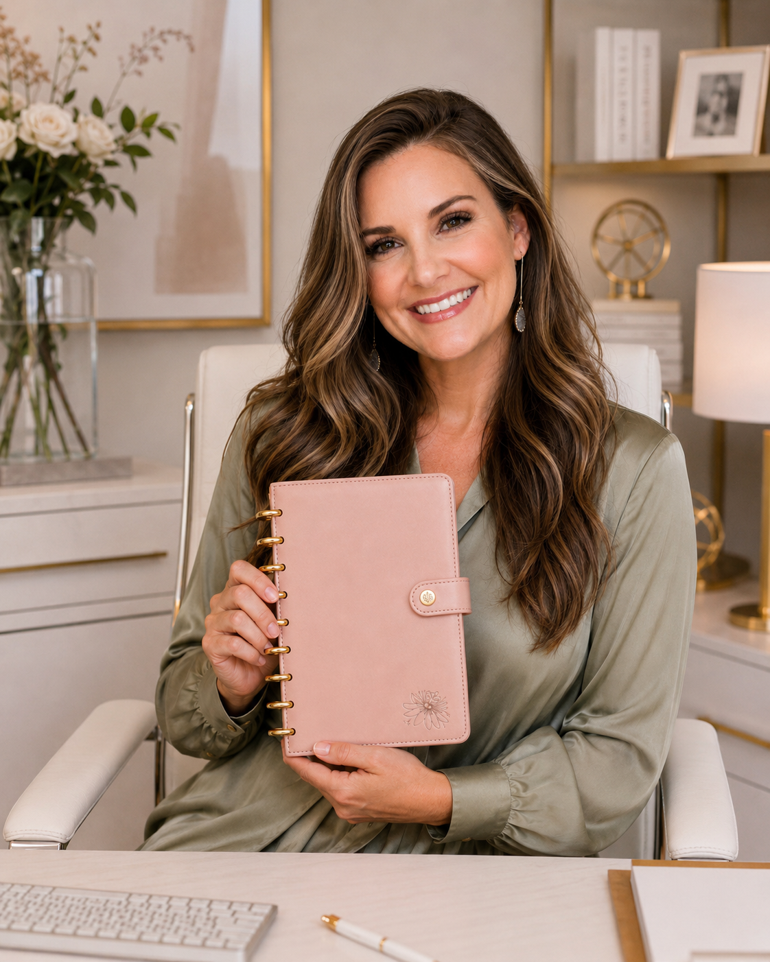 Carrie, founder of Passiflora Planners, holding the Signature planner