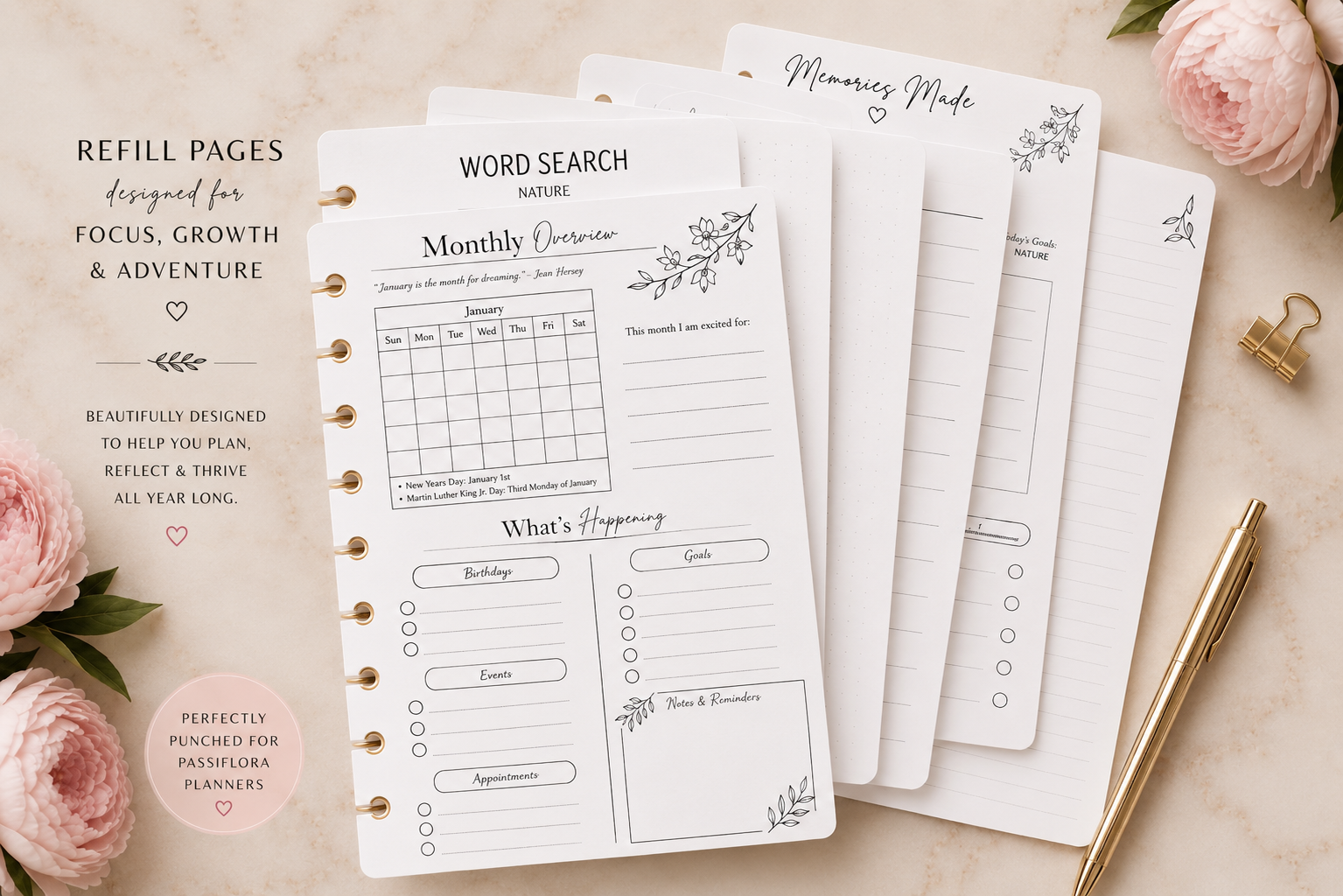 Passiflora 2026 refill pages — monthly overview, word search, dotted, lined and Memories Made pages
