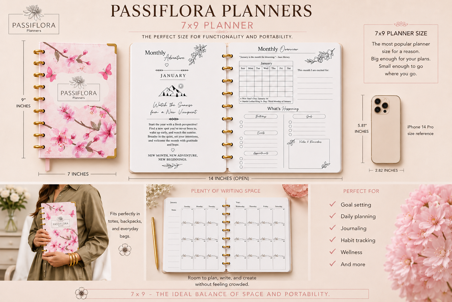 Passiflora Planners 7x9 size guide — planner dimensions, monthly and weekly spreads, and iPhone 14 Pro size reference