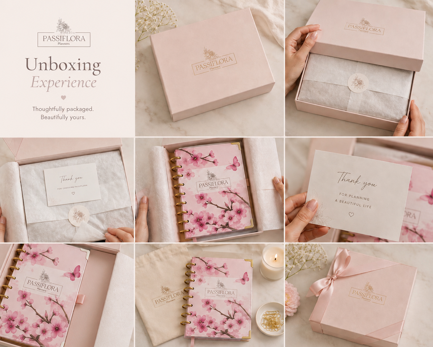 Passiflora Planners unboxing experience — blush magnetic box, tissue, thank-you card, and cherry blossom planner
